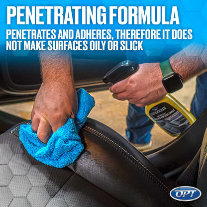 A hand with a blue microfiber towel cleans a black perforated leather car seat as another hand with a green smartwatch sprays OPT Hyper Protectant from a yellow bottle, emphasizing a penetrating formula for car interior care