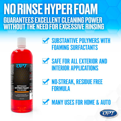 Promotional image for Optimum Car Care showing a clear bottle of red Optimum Hyper Foam No Rinse car wash solution against a light blue hexagonal background with prominent white text reading NO RINSE HYPER FOAM and bullet points detailing benefits such as substantive polymers safe for all applications and a no-streak residue-free formula