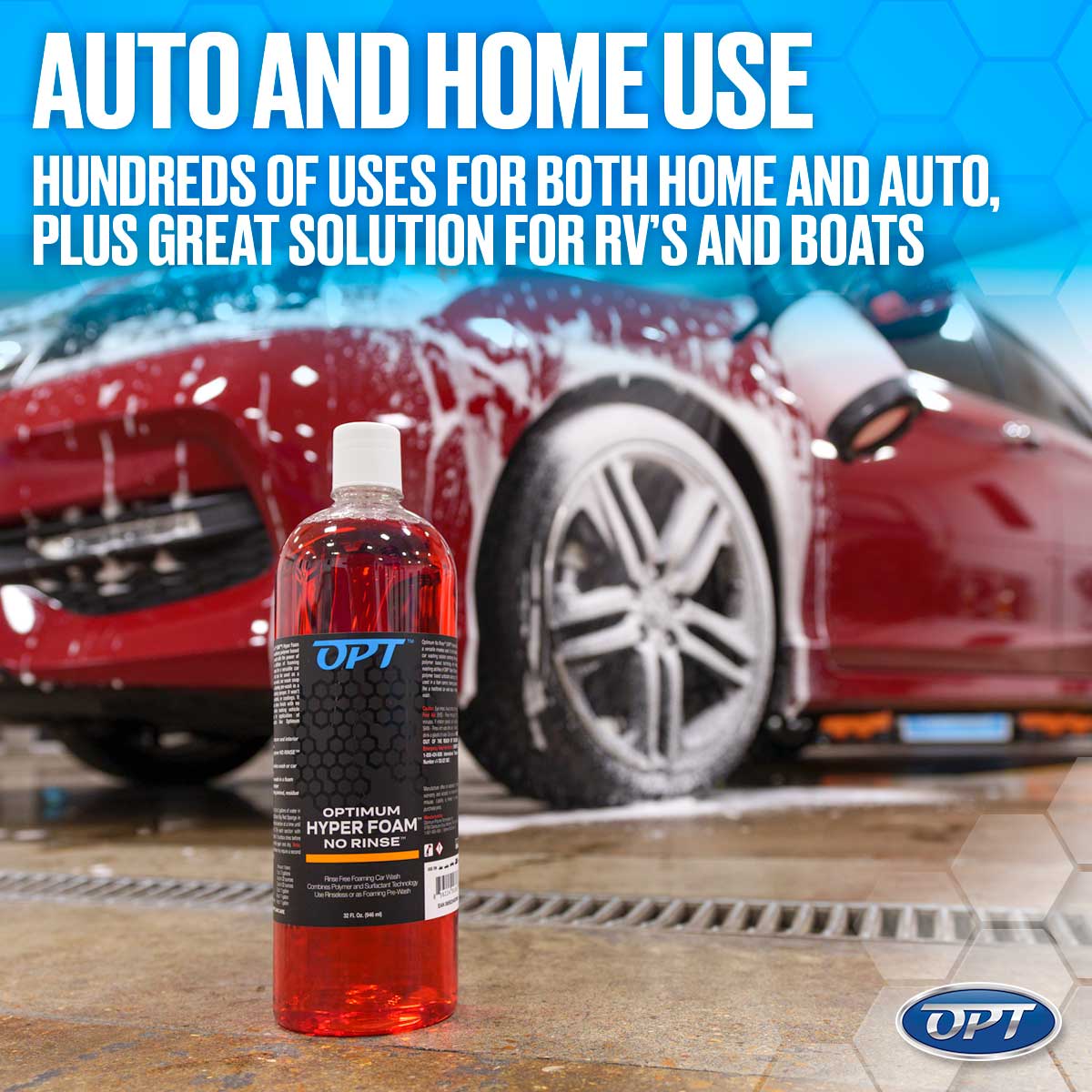 An Optimum Hyper Foam No Rinse bottle filled with vibrant orange-red liquid is in the foreground, while a red car in a car wash setting is being covered in thick white cleaning foam, with promotional text "AUTO AND HOME USE" prominently displayed against a blue hexagonal pattern