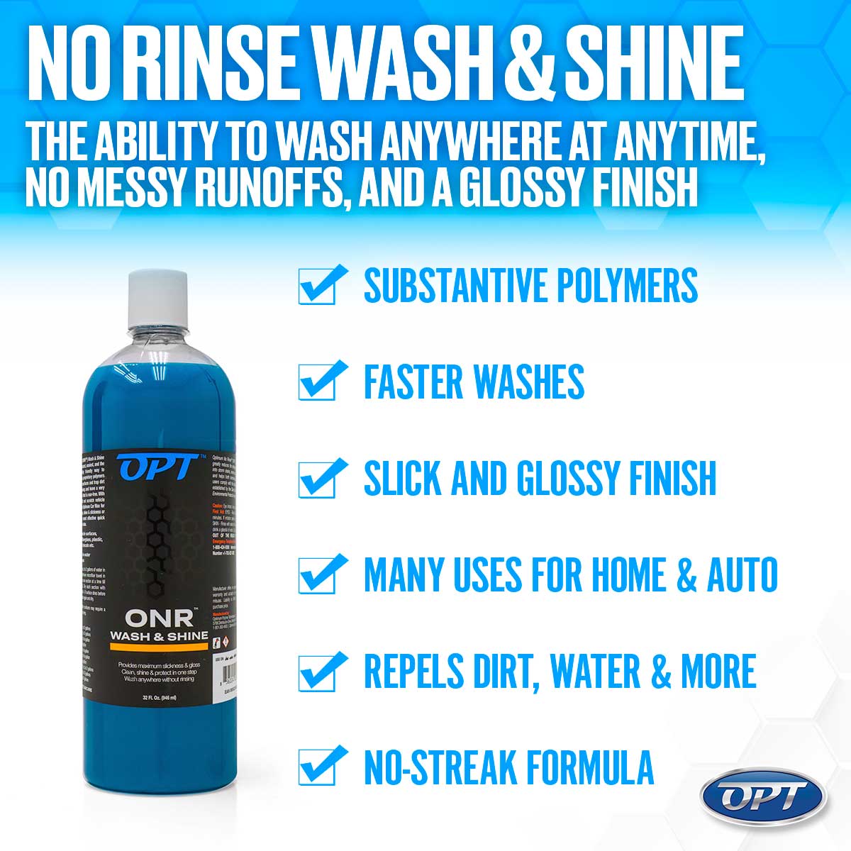 Digital advertisement featuring a clear bottle of blue OPT ONR No Rinse Wash & Shine with a white cap, emphasizing product benefits like Substantive Polymers, Slick and Glossy Finish, and a No-Streak Formula