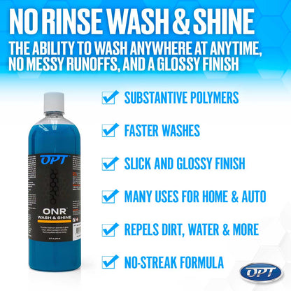 Digital advertisement featuring a clear bottle of blue OPT ONR No Rinse Wash & Shine with a white cap, emphasizing product benefits like Substantive Polymers, Slick and Glossy Finish, and a No-Streak Formula