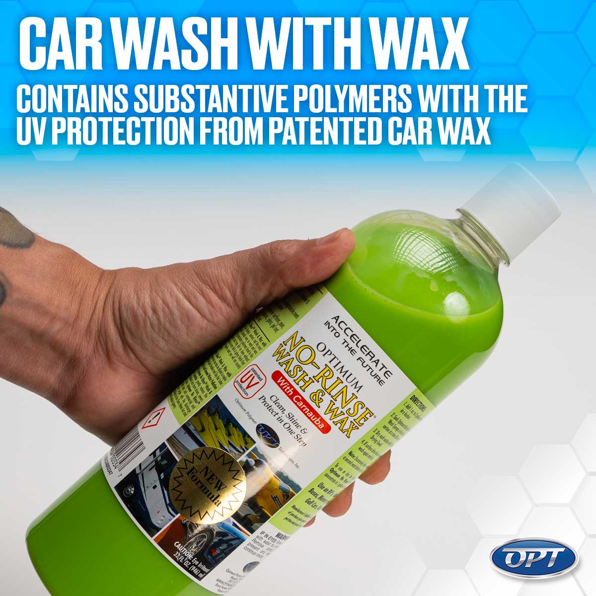 Photograph of a hand holding a vibrant green bottle of Optimum No-Rinse Wash & Wax with Carnauba, featuring a gold New Formula seal, against a blue banner stating Car Wash With Wax