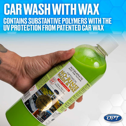Photograph of a hand holding a vibrant green bottle of Optimum No-Rinse Wash & Wax with Carnauba, featuring a gold New Formula seal, against a blue banner stating Car Wash With Wax