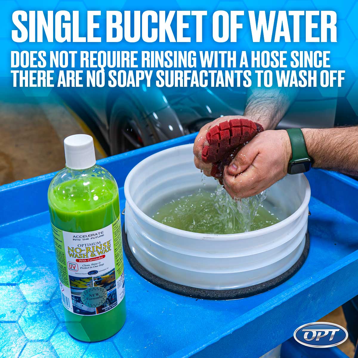 A person demonstrates water-saving car wash, squeezing a red wash mitt into a white bucket containing a greenish solution, with a vibrant green bottle of Optimum No-Rinse Wash & Wax on a blue cart