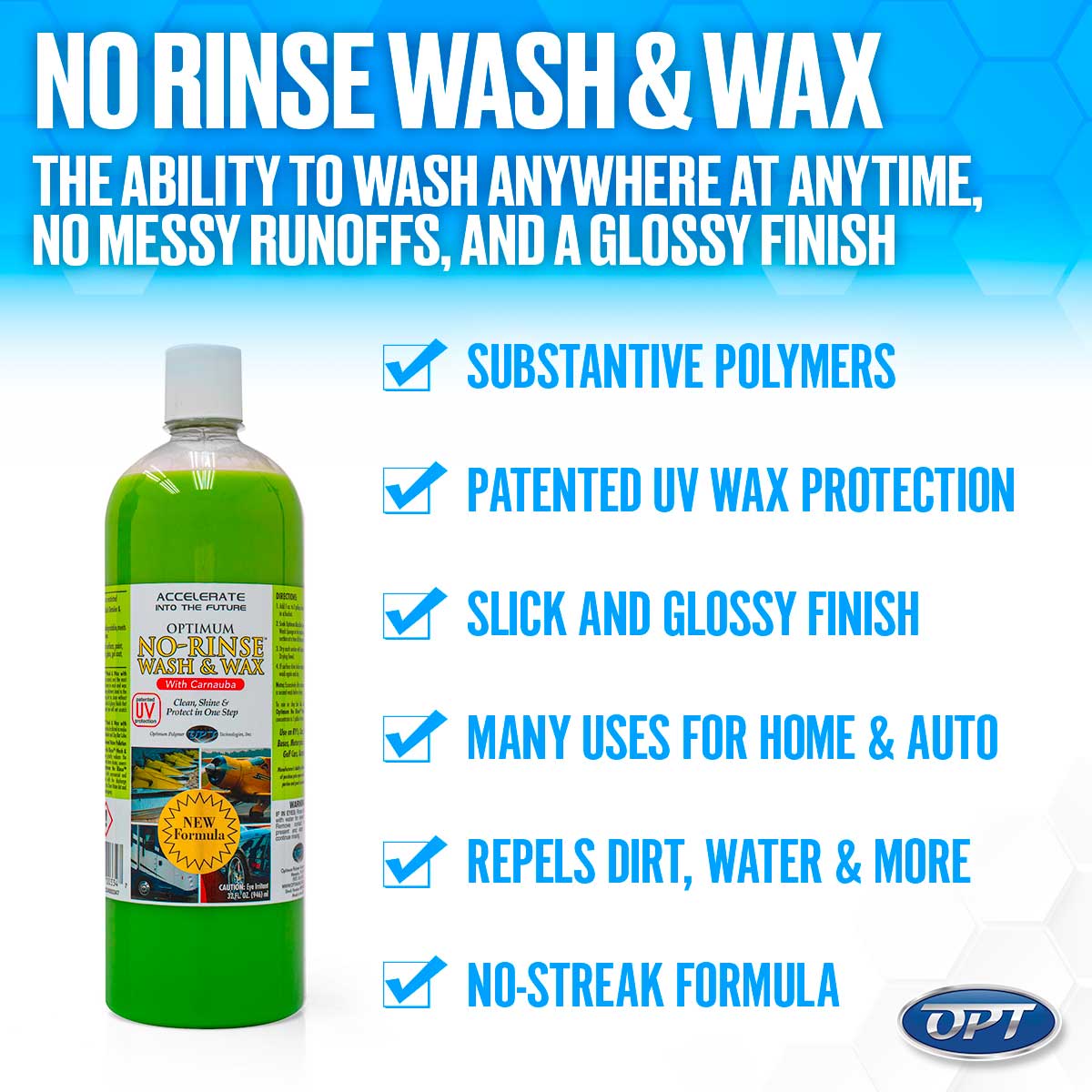 Product advertisement image showcasing a bright green bottle of Optimum No-Rinse Wash & Wax with Carnauba, highlighting features like patented UV wax protection and a no-streak formula against a blue and white honeycomb background