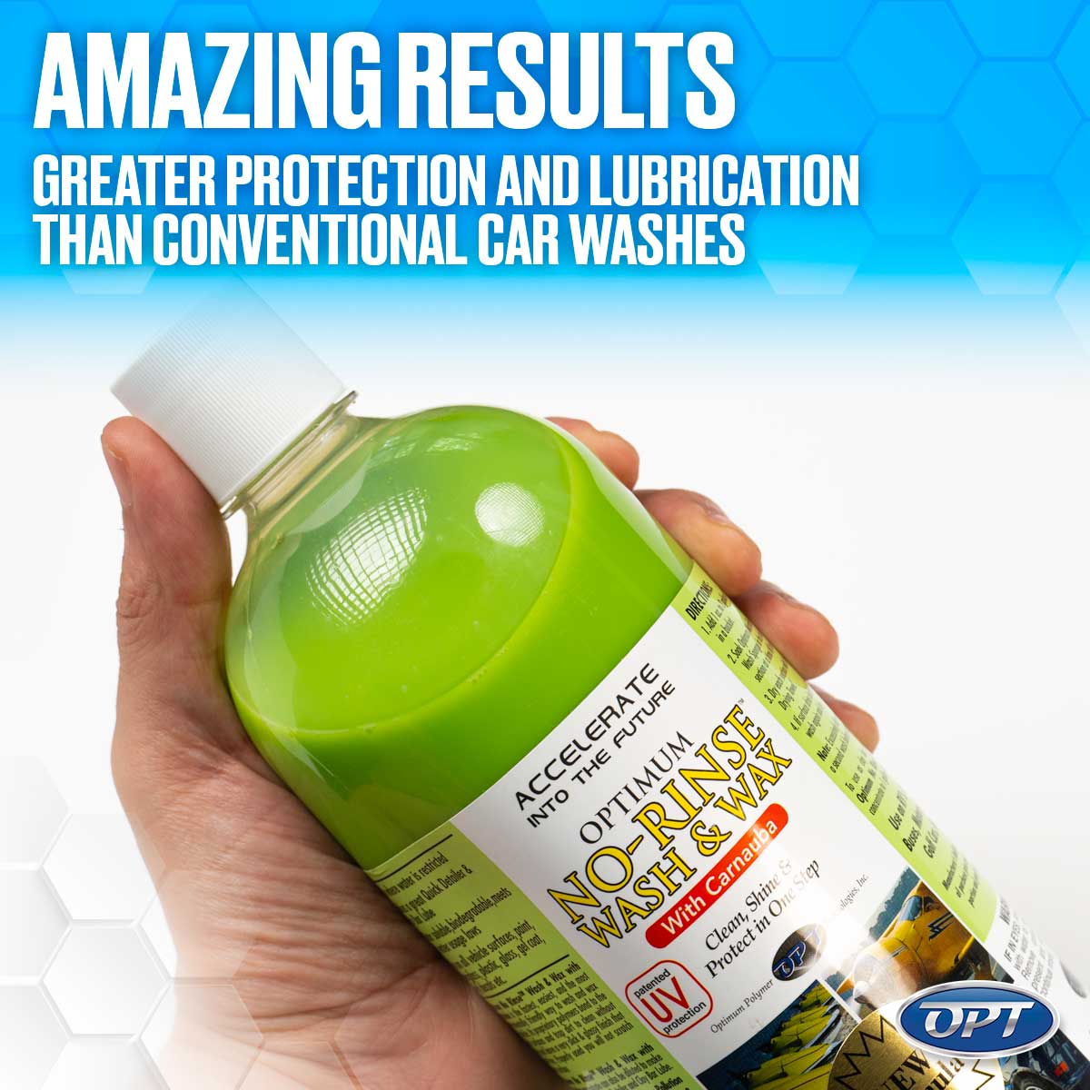 Photograph of a hand holding a bottle of Optimum No-Rinse Wash & Wax product with bright lime green liquid, featuring 'AMAZING RESULTS' text and a patented UV protection icon on its label against a blue hexagonal background