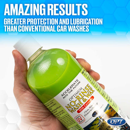 Photograph of a hand holding a bottle of Optimum No-Rinse Wash & Wax product with bright lime green liquid, featuring 'AMAZING RESULTS' text and a patented UV protection icon on its label against a blue hexagonal background