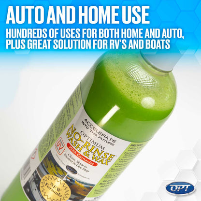 Optimum No-Rinse Wash & Wax with Carnauba in a clear bottle filled with vibrant green liquid and bubbles, featuring its white product label and promotional text "AUTO AND HOME USE" in the upper blue background