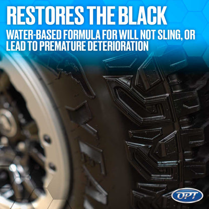 Close-up photograph of a deep black glossy off-road vehicle tire showcasing its prominent geometric tread pattern and a partially visible white wheel rim with product text overlay stating "RESTORES THE BLACK WATER-BASED FORMULA" against a blue hexagonal background and an OPT logo