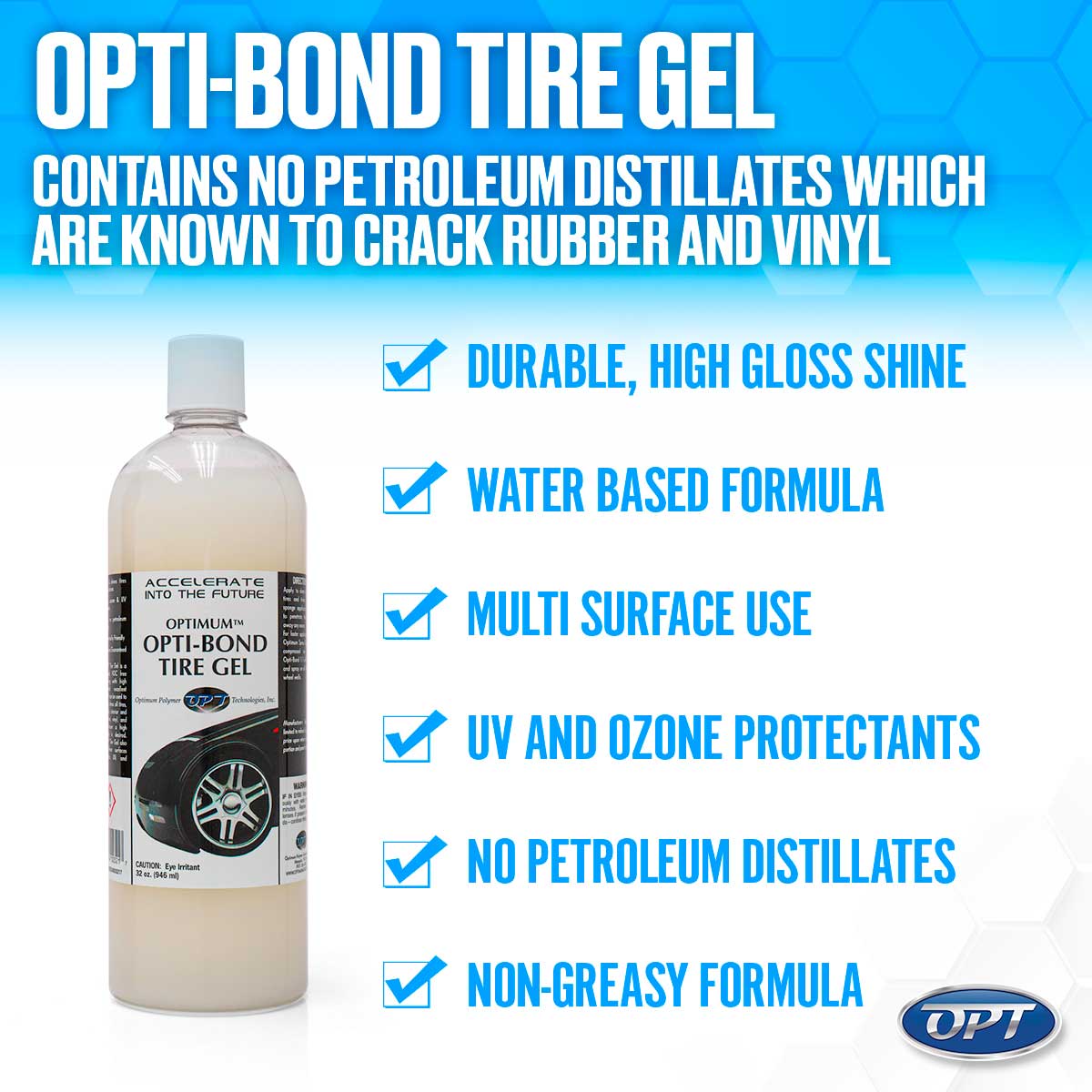 Product advertisement featuring a clear bottle of Optimum Opti-Bond Tire Gel with a glossy tire graphic on its label, detailing its durable high gloss shine, water-based formula, and non-greasy properties that contain no petroleum distillates