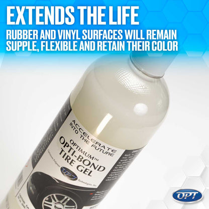 Product photograph of Optimum Opti-Bond Tire Gel in a white bottle with a black and white label, blue OPT logo, and a blue hexagonal background promoting extended rubber and vinyl life