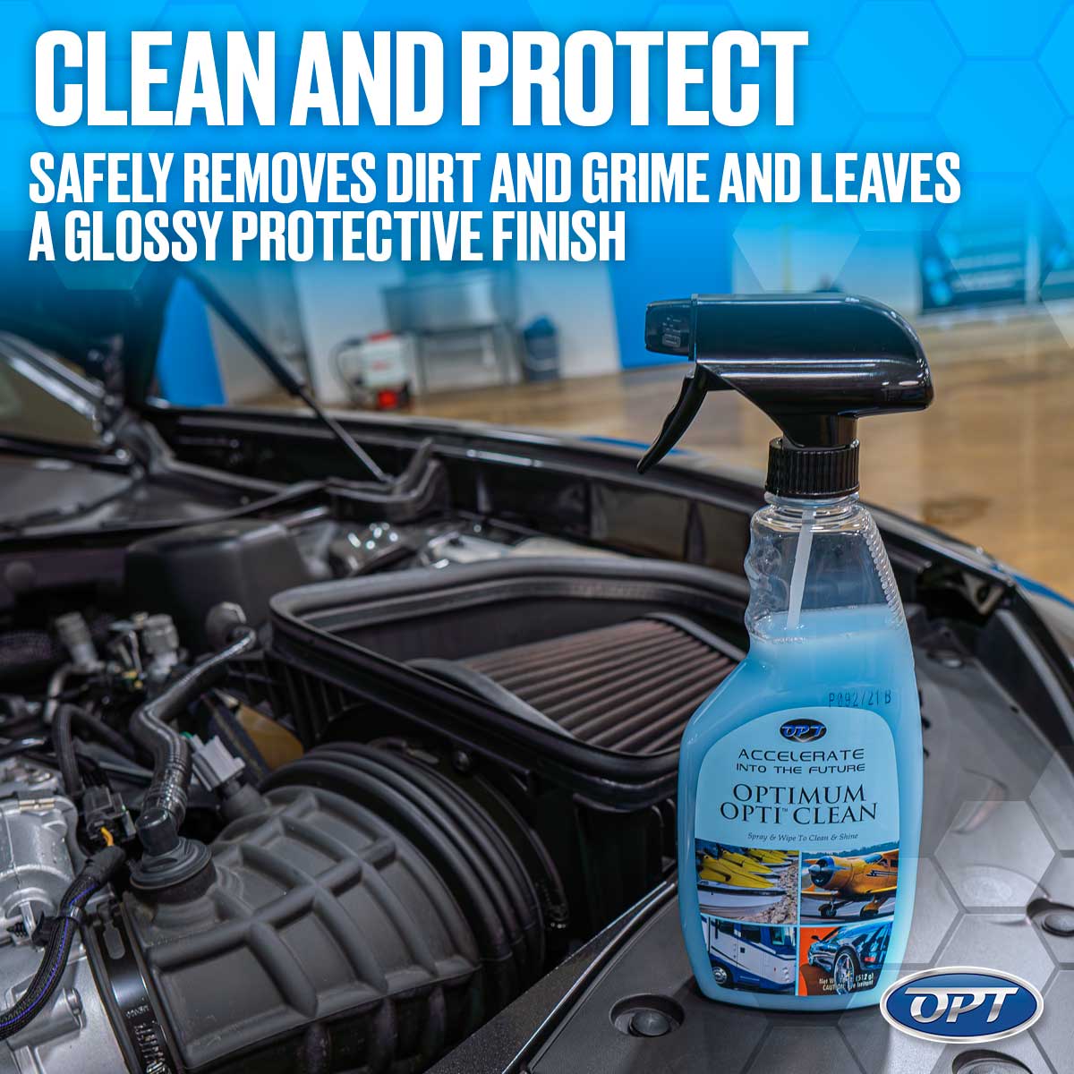 A light blue Optimum Opti Clean spray bottle with product details including boats and cars sits on a dark car engine bay displaying a brown air filter in a clean workshop, emphasized by a white "CLEAN AND PROTECT" headline