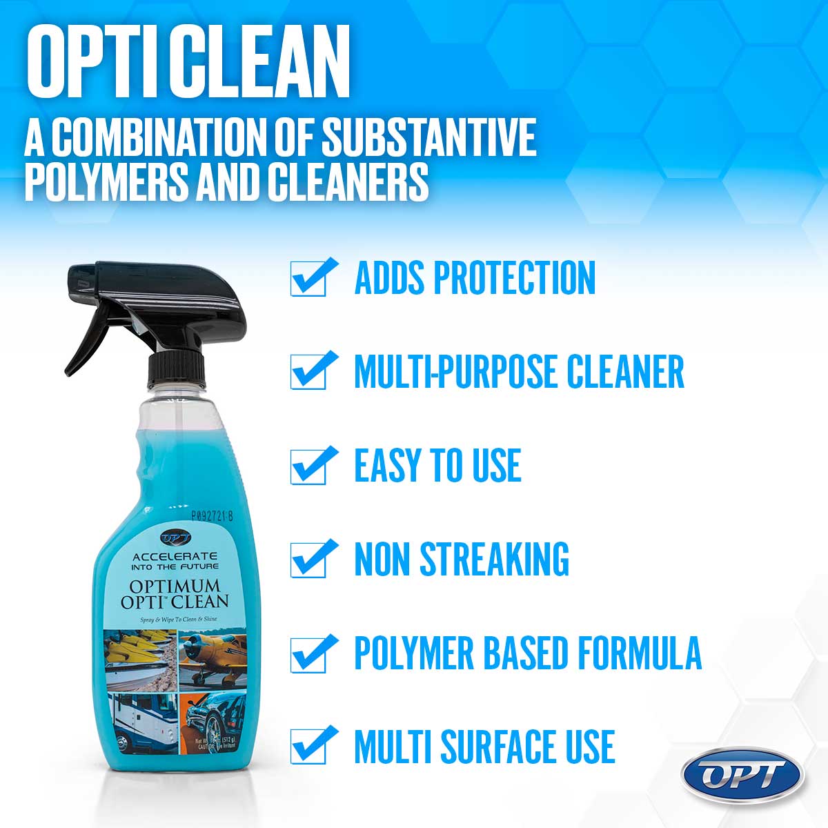 Blue spray bottle of Optimum Opti Clean cleaner with a black trigger and transparent bottle revealing light blue liquid against a blue hexagonal background, featuring prominent white text "Opti Clean A combination of substantive polymers and cleaners", six blue checked benefits including "Adds Protection" and "Multi Surface Use", and small demonstration images of cleaning an airplane, RV, and car on the label