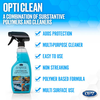 Blue spray bottle of Optimum Opti Clean cleaner with a black trigger and transparent bottle revealing light blue liquid against a blue hexagonal background, featuring prominent white text "Opti Clean A combination of substantive polymers and cleaners", six blue checked benefits including "Adds Protection" and "Multi Surface Use", and small demonstration images of cleaning an airplane, RV, and car on the label
