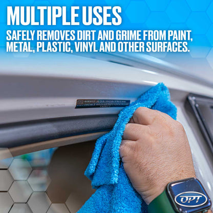 Photograph of a hand cleaning a vehicle door frame with a vibrant blue microfiber towel a green smartwatch displaying the OPT logo on the wrist and overlaid text "MULTIPLE USES SAFELY REMOVES DIRT AND GRIME FROM PAINT, METAL, PLASTIC, VINYL AND OTHER SURFACES"