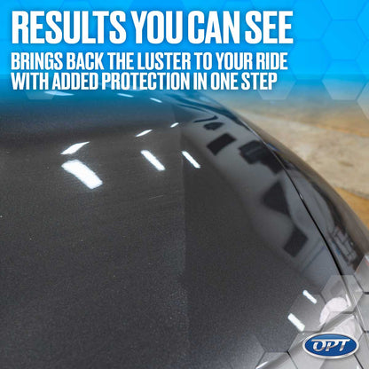 Digital image of a dark gray metallic car hood split vertically showing a dull, scratched finish on the left and a deep, glossy, highly reflective finish on the right, overlaid with "RESULTS YOU CAN SEE" text and the blue OPT logo