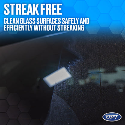 Digital image of a car windshield exhibiting a contrast between a dirty, speckled surface and a clean area with a bright rectangular light reflection, overlaid with "STREAK FREE Clean glass surfaces safely and efficiently without streaking" text, an OPT logo, and a blue hexagonal background