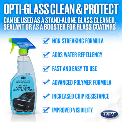 Digital advertisement for Optimum Opti-Glass Clean & Protect featuring a blue and green spray bottle with a car image on its label against a blue hexagonal background highlighting benefits like non-streaking formula, water repellency, and increased chip resistance