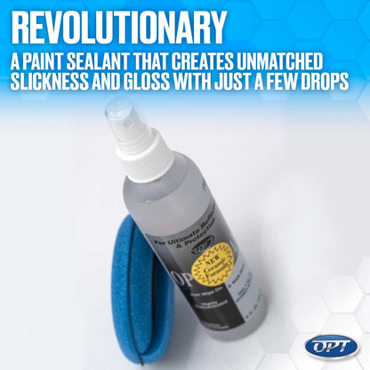 Product photograph showing a gray OPT paint sealant spray bottle with a yellow New Ceramic Formula label beside a vibrant blue applicator sponge, set against a white studio background with overlaid text Revolutionary A Paint Sealant That Creates Unmatched Slickness And Gloss With Just A Few Drops