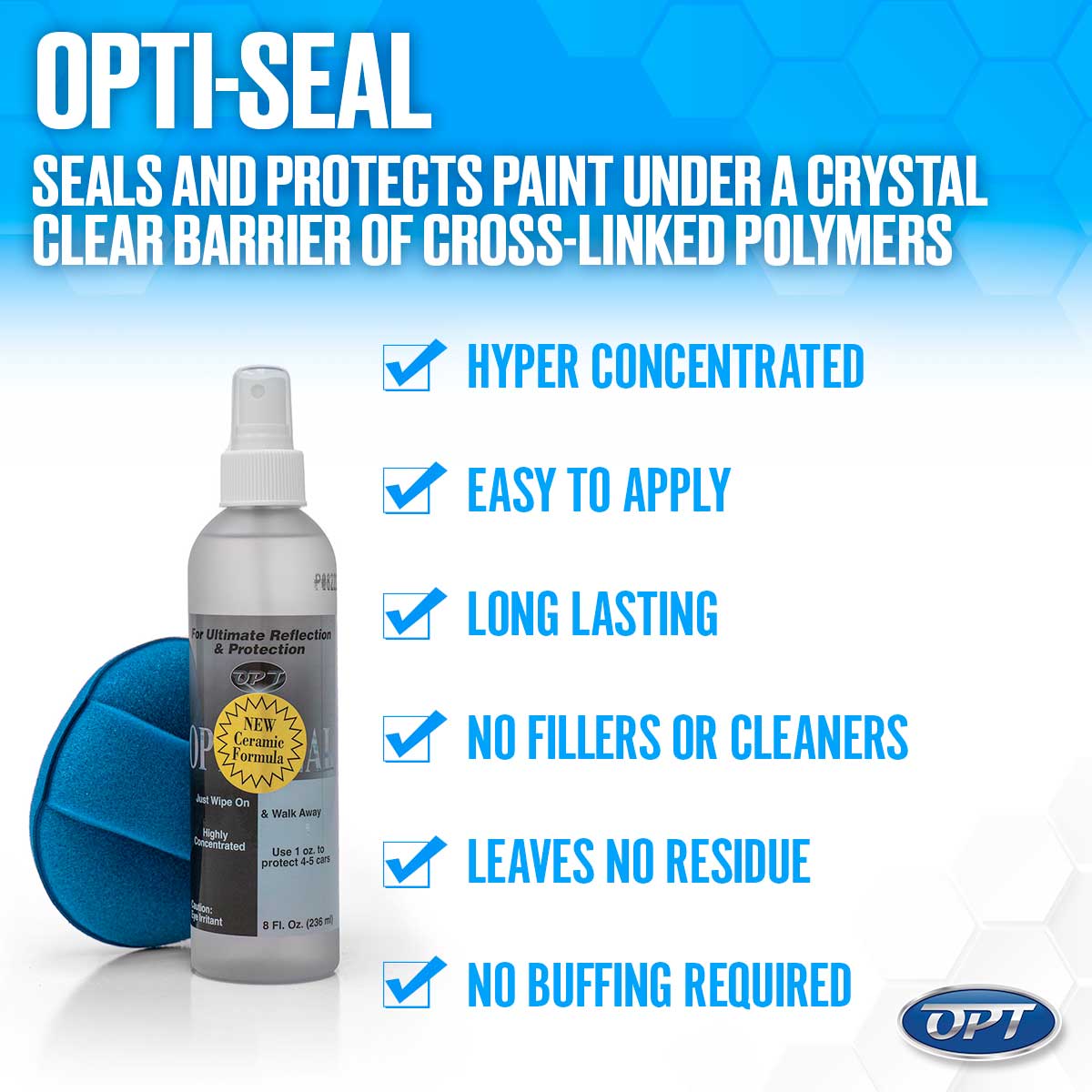 Opti-Seal product graphic showcasing a silver spray bottle labeled with "NEW Ceramic Formula" next to a blue applicator pad against a blue hexagonal background, highlighting benefits like Hyper Concentrated and No Buffing Required