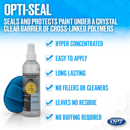 Opti-Seal product graphic showcasing a silver spray bottle labeled with "NEW Ceramic Formula" next to a blue applicator pad against a blue hexagonal background, highlighting benefits like Hyper Concentrated and No Buffing Required