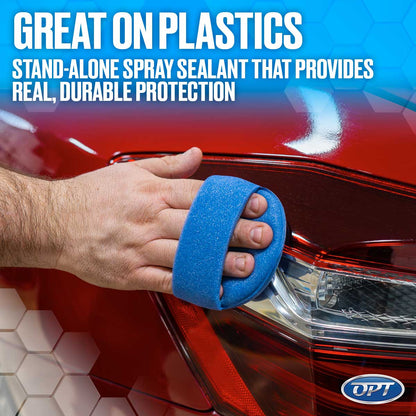 A hand with a blue foam applicator pad polishes the glossy red paint and plastic taillight of a car, featuring overlay text GREAT ON PLASTICS stand-alone spray sealant that provides real durable protection and an OPT logo