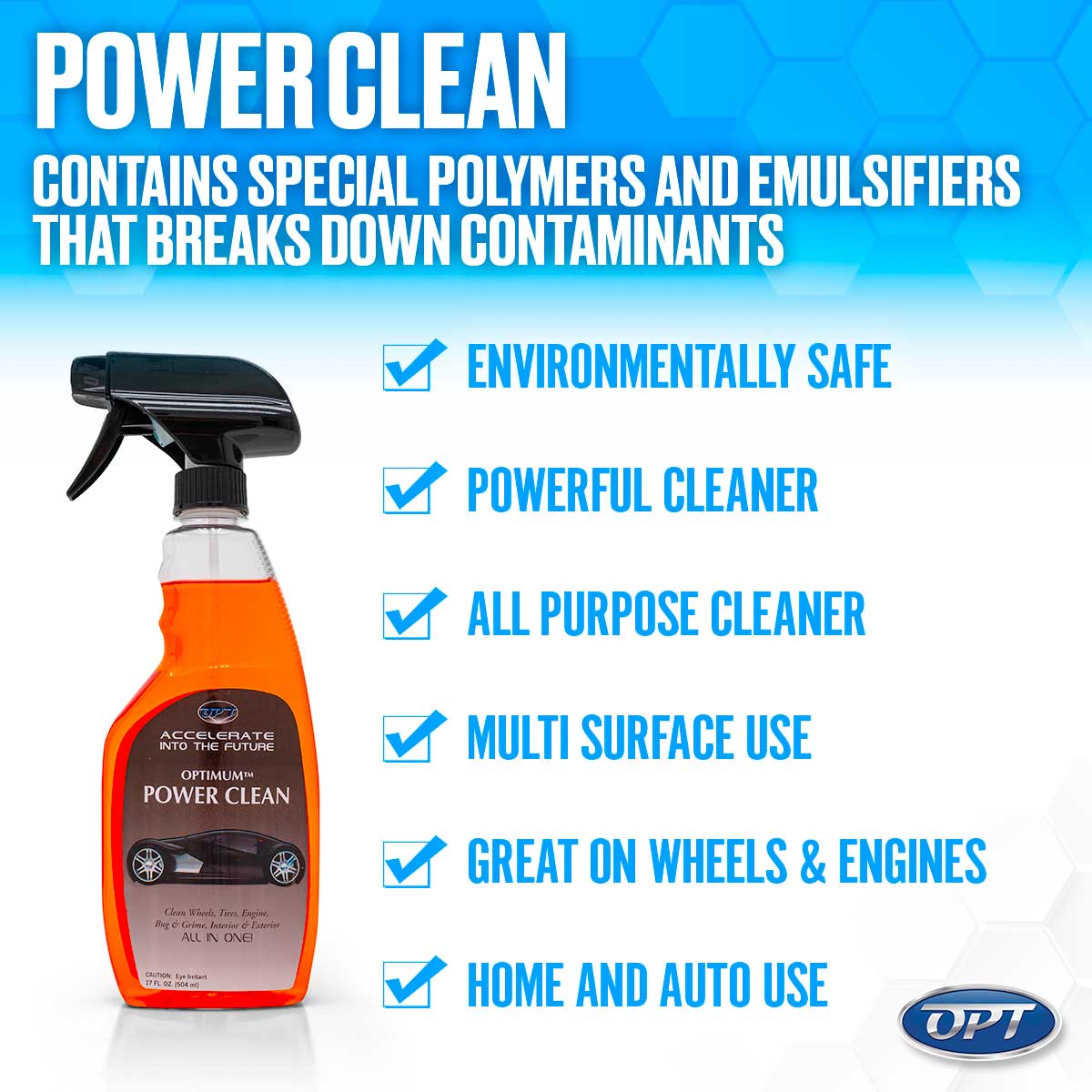 Product advertisement featuring an orange Optimum Power Clean spray bottle with black trigger on a blue and white hexagonal background, displaying benefits like Environmentally Safe, Powerful Cleaner, and Multi Surface Use, with a black sports car graphic on the label