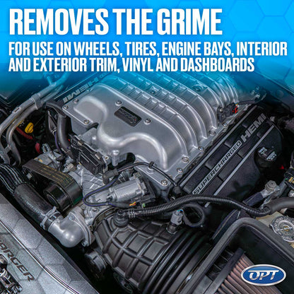 Detailed image of a powerful, clean car engine bay showcasing a prominent silver supercharger and a black SUPERCHARGED HEMI engine cover with intricate belts and hoses, featuring an overlay promoting a product that REMOVES THE GRIME for various vehicle surfaces