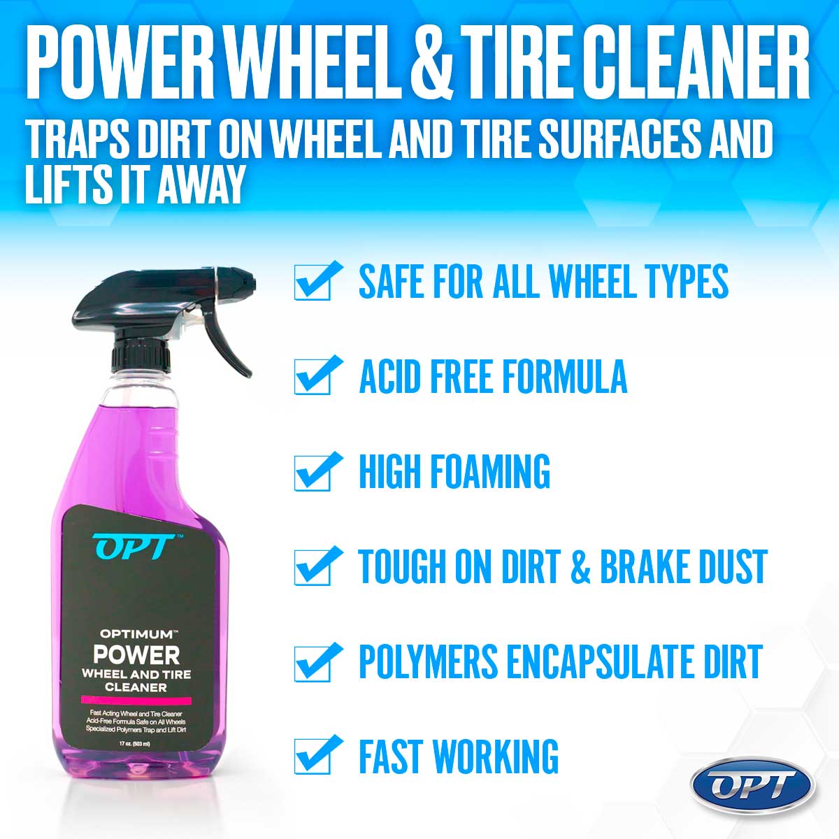 Digital product advertisement for Optimum Power Wheel and Tire Cleaner, featuring a clear spray bottle with vibrant purple liquid and a black trigger, highlighted by blue text stating "SAFE FOR ALL WHEEL TYPES" and "ACID FREE FORMULA" against a clean white and blue hexagonal background