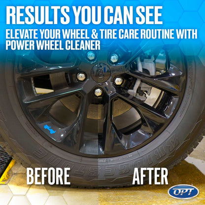 Digital advertisement by OPT featuring a split image of a Jeep car wheel and Bridgestone tire, dramatically showing the dirty left side with a blue axe logo transforming into a gleaming clean black rim on the right, promoting power wheel cleaner results