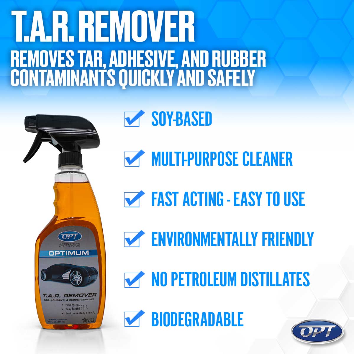 Optimum T.A.R. Remover in an amber liquid spray bottle featuring a grey sports car on the label, highlighted as soy-based, multi-purpose, and biodegradable