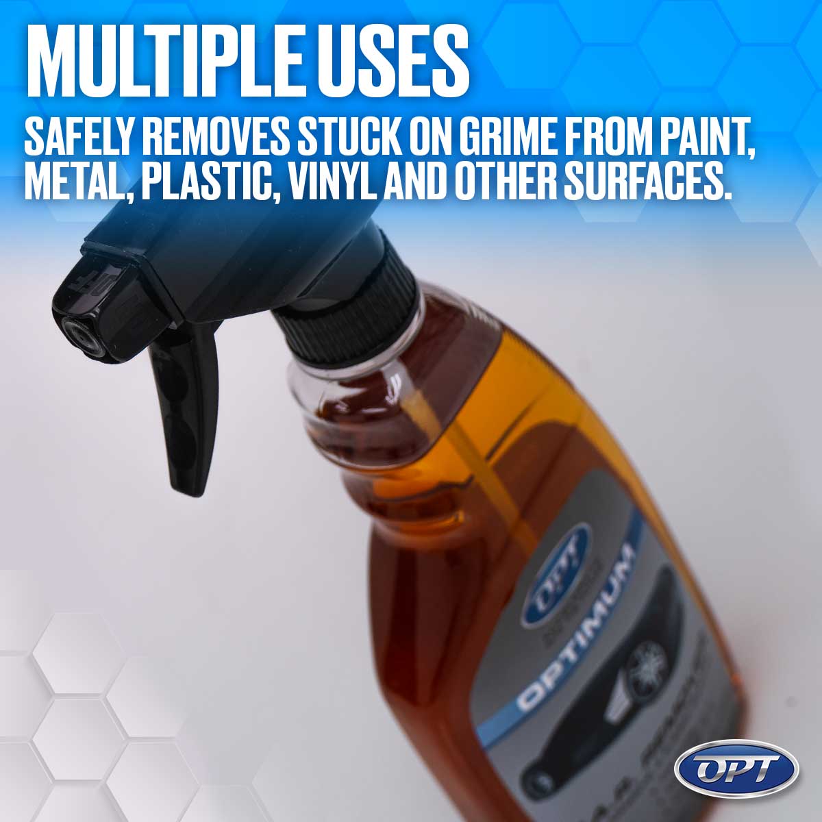 OPT Optimum cleaning spray bottle featuring amber liquid, a black trigger, and the prominent text Multiple Uses against a blue hexagon patterned background