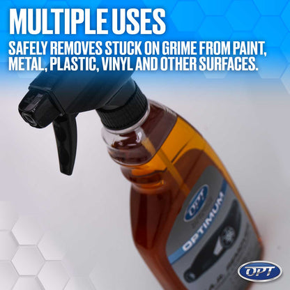 OPT Optimum cleaning spray bottle featuring amber liquid, a black trigger, and the prominent text Multiple Uses against a blue hexagon patterned background