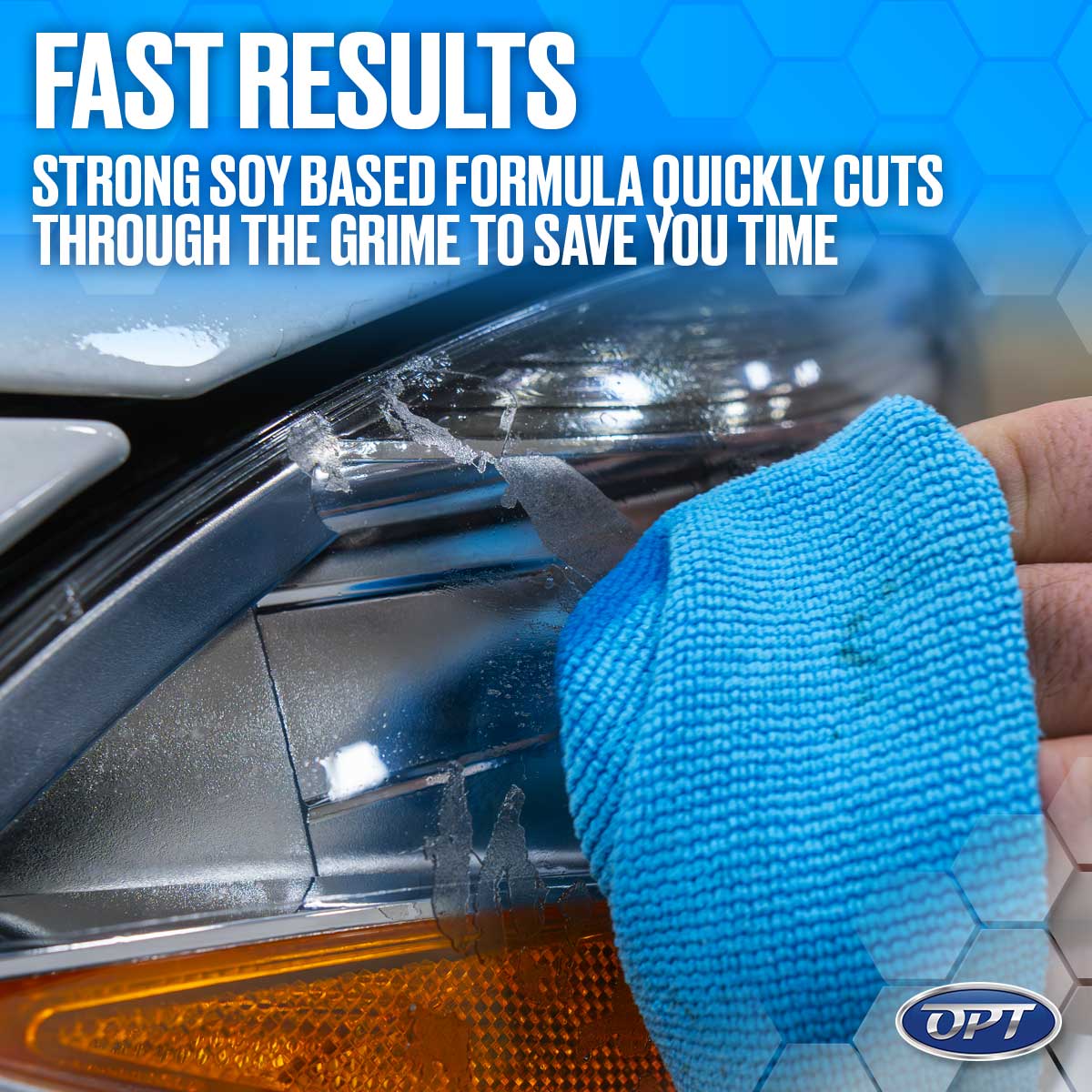 Hand cleaning a hazy car headlight with a vibrant blue microfiber cloth, revealing the effectiveness of the product's fast-acting soy-based formula