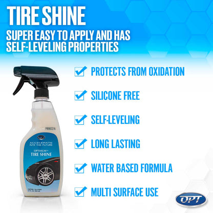 Digital advertisement for OPTIMUM™ TIRE SHINE, a white spray bottle product with a glossy black car wheel on its label, detailed against a vibrant blue hexagonal background with text highlighting its Self-Leveling and Multi Surface Use properties