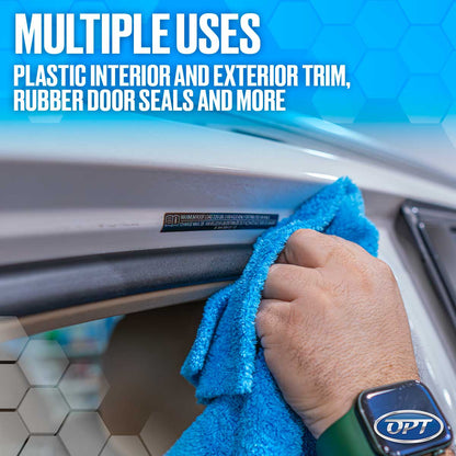 A man's hand wearing an OPT branded smartwatch cleans a car's white exterior trim and dark rubber door seal with a bright blue microfiber towel, with an overlay describing "MULTIPLE USES" for plastic and rubber surfaces