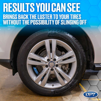 A shiny black Michelin tire with a silver Mercedes-Benz alloy wheel, visibly wet and glossy from a tire shine product, is positioned in an auto service bay, featuring the text overlay RESULTS YOU CAN SEE BRINGS BACK THE LUSTER TO YOUR TIRES WITHOUT THE POSSIBILITY OF SLINGING OFF