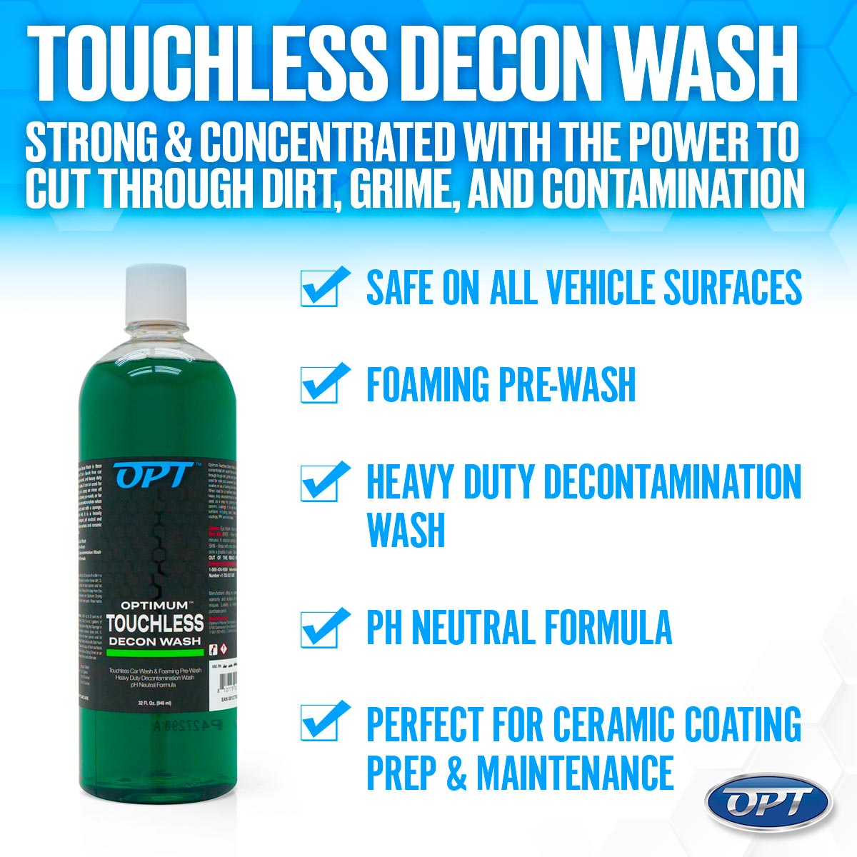 Product photograph by Optimum featuring a clear bottle of vibrant green Touchless Decon Wash, prominently displayed with bold blue "TOUCHLESS DECON WASH" text and five key benefits like foaming pre-wash and pH neutral formula highlighted with blue checkmarks