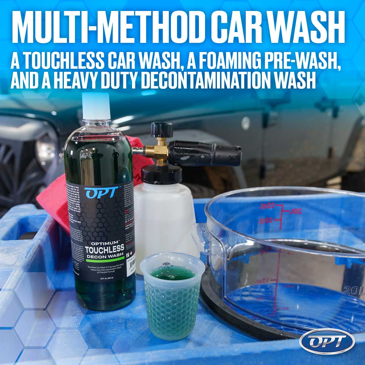 Product photography featuring a dark green Optimum Touchless Decon Wash bottle, a textured cup with matching green liquid, a brass and black foam cannon, and a clear measuring jug on a blue tray, highlighting a multi-method car wash for touchless, foaming pre-wash, and heavy duty decontamination with a vehicle in the background
