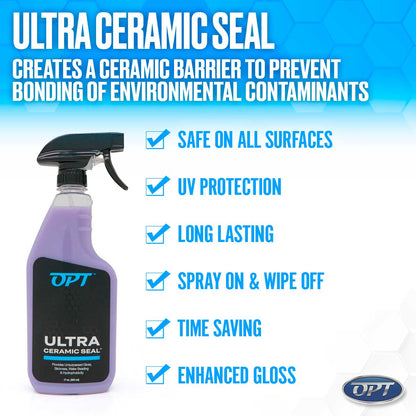 Product image by OPT featuring a purple Ultra Ceramic Seal spray bottle with a black trigger on a blue and white honeycomb background, listing benefits including UV Protection and Enhanced Gloss