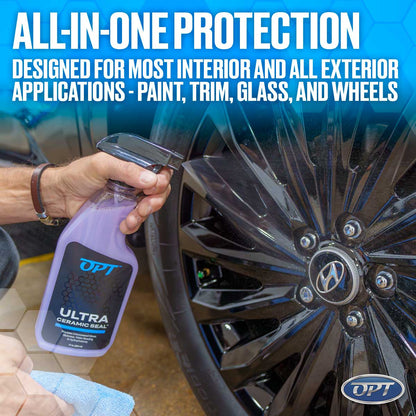A person applies purple OPT Ultra Ceramic Seal from a spray bottle to a glossy black Hyundai car wheel with a blue micro-fiber towel nearby