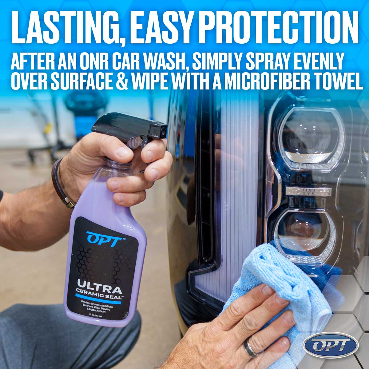 Commercial photograph showing hands spraying purple OPT Ultra Ceramic Seal onto a glossy black car's modern LED headlight assembly and wiping with a light blue microfiber towel