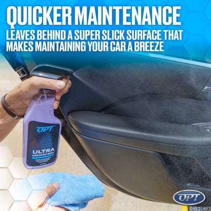 A person's hand sprays a fine mist from a purple OPT Ultra Ceramic Seal bottle onto a dark car door interior panel, holding a blue microfiber towel beneath, with prominent text stating "QUICKER MAINTENANCE LEAVES BEHIND A SUPER SLICK SURFACE THAT MAKES MAINTAINING YOUR CAR A BREEZE"