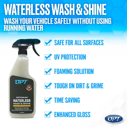 Product graphic featuring the Optimum Waterless Wash & Shine spray bottle against a blue hexagonal background with prominent text "Wash Your Vehicle Safely Without Using Running Water" and highlighted benefits including UV protection, foaming solution, and enhanced gloss