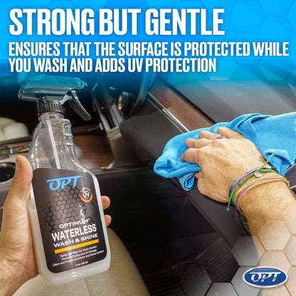 A person's hand holding an OPT Optimum Waterless Wash & Shine spray bottle and wiping a car dashboard with a blue microfiber cloth, showcasing colorful friendship bracelets and promoting the product's strong but gentle UV protection