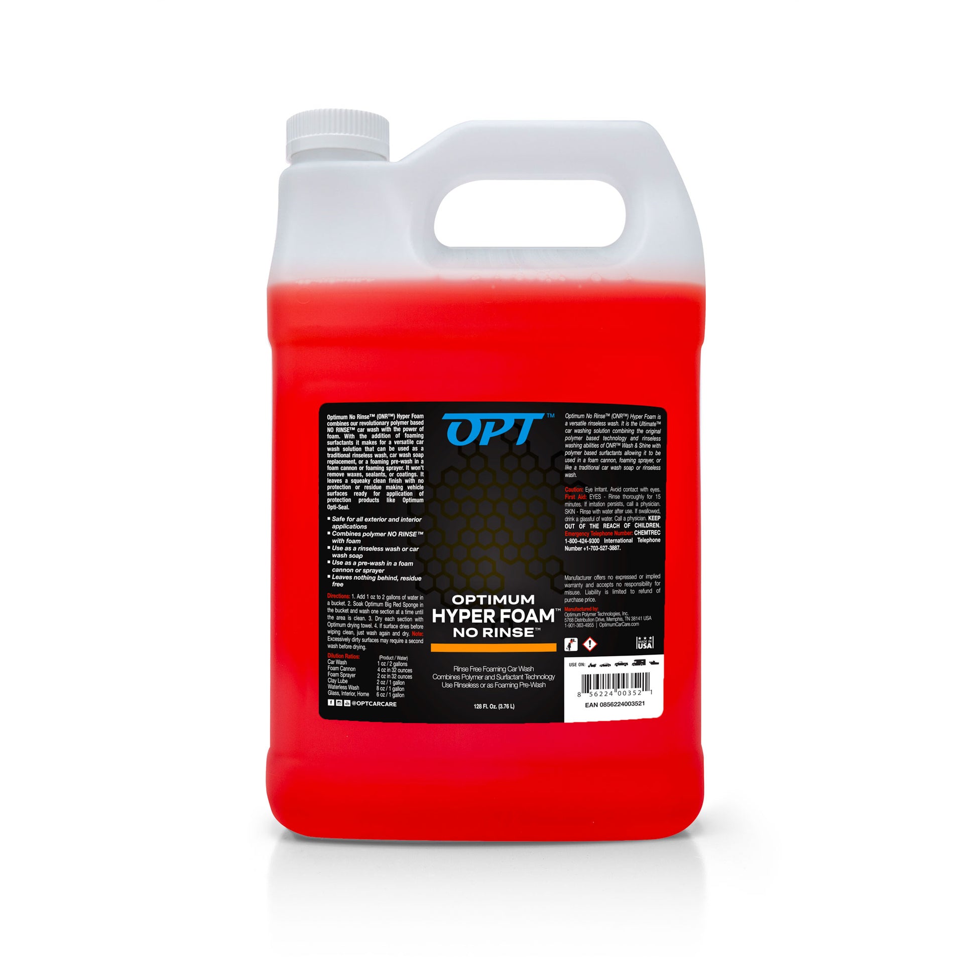 Product photograph of a white translucent gallon bottle of OPT Optimum Hyper Foam No Rinse car wash concentrate filled with vibrant red liquid, featuring a black label with product details and barcode