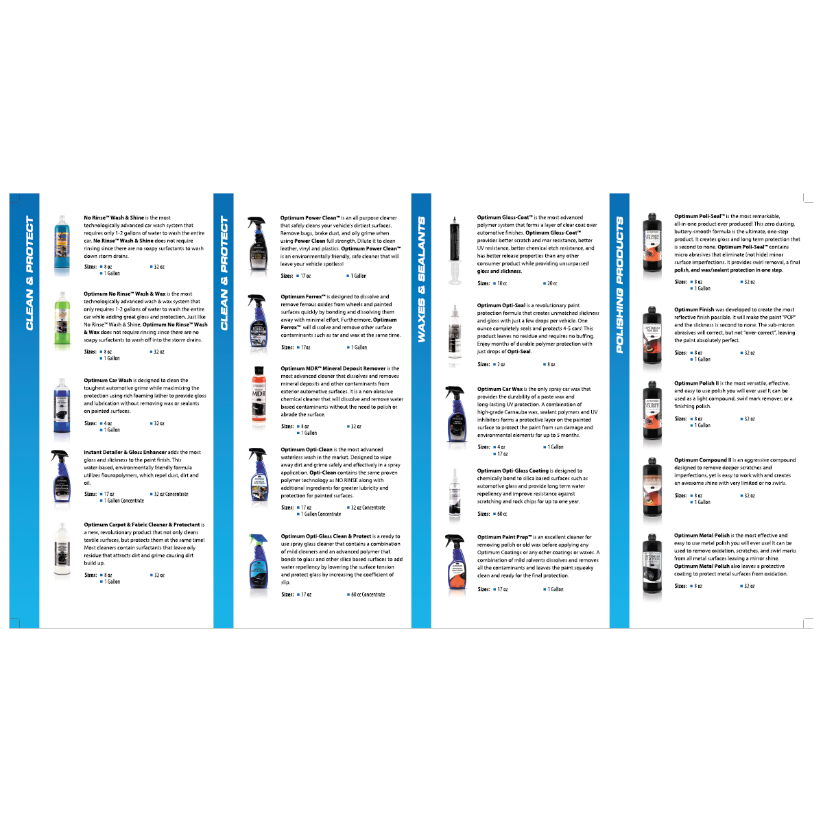 Digital catalog page displaying numerous Optimum car detailing products arranged in four columns titled Clean & Protect, Clean & Detail, Waxes & Sealants, and Polishing Products, featuring various sized bottles and text descriptions of their advanced formulas for vehicle maintenance