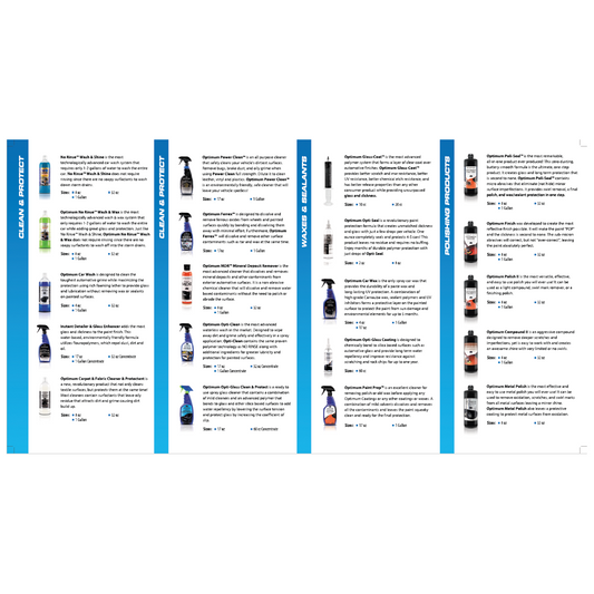 Digital catalog page displaying numerous Optimum car detailing products arranged in four columns titled Clean & Protect, Clean & Detail, Waxes & Sealants, and Polishing Products, featuring various sized bottles and text descriptions of their advanced formulas for vehicle maintenance