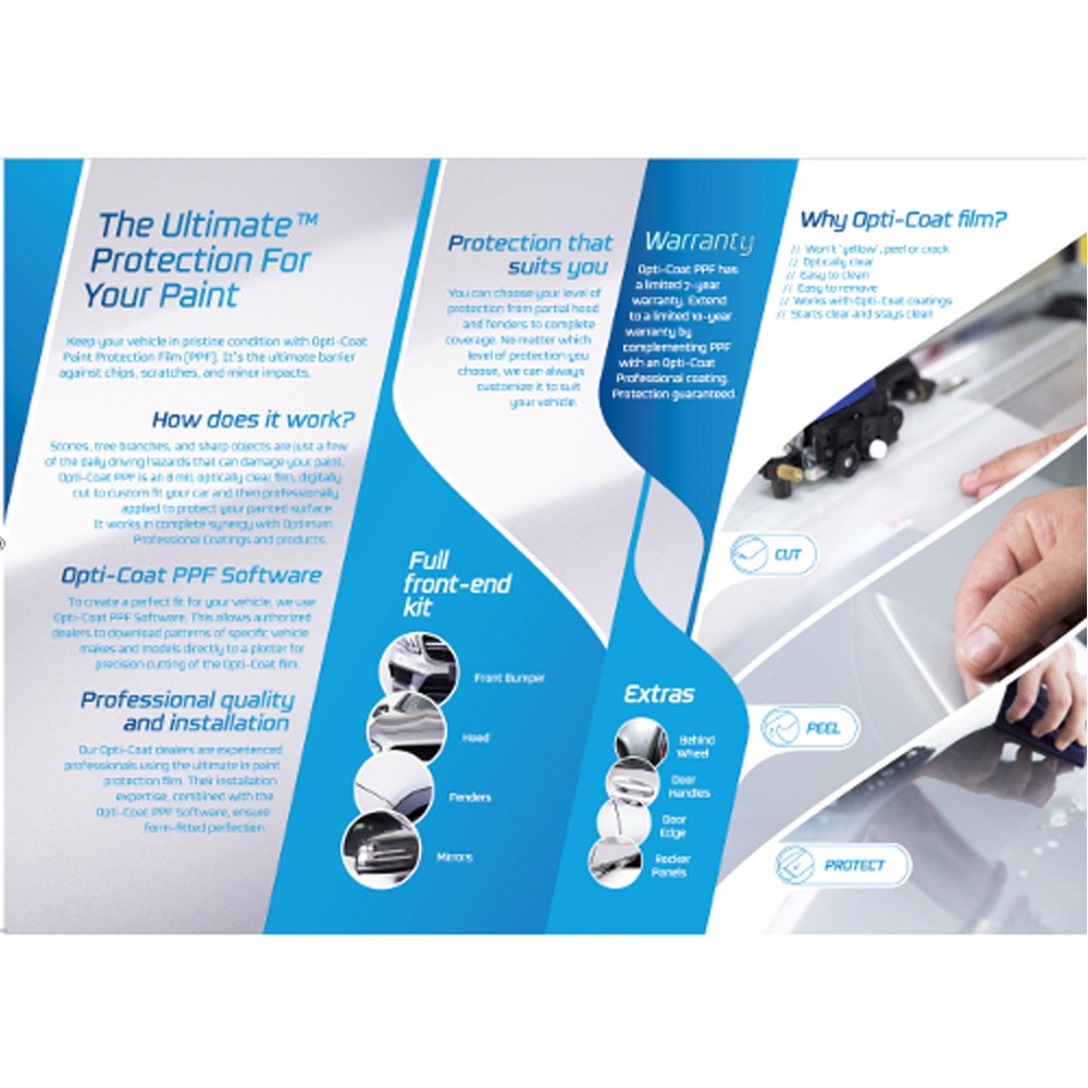 Opti-Coat digital product brochure for Paint Protection Film (PPF) showcasing its blue and white wavy design, diagrams of car parts like bumper and hood for full-front kits, and images illustrating the application process with a hand applying clear film to a car for protection