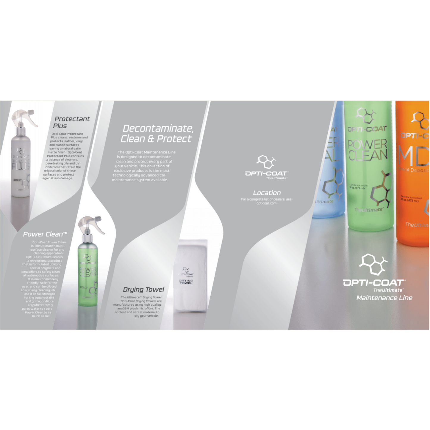 A professional display of Opti-Coat The Ultimate Maintenance Line car care products featuring a silver Protectant Plus spray, a green Power Clean spray, a white drying towel, and tall bottles in light blue, vibrant green, and orange